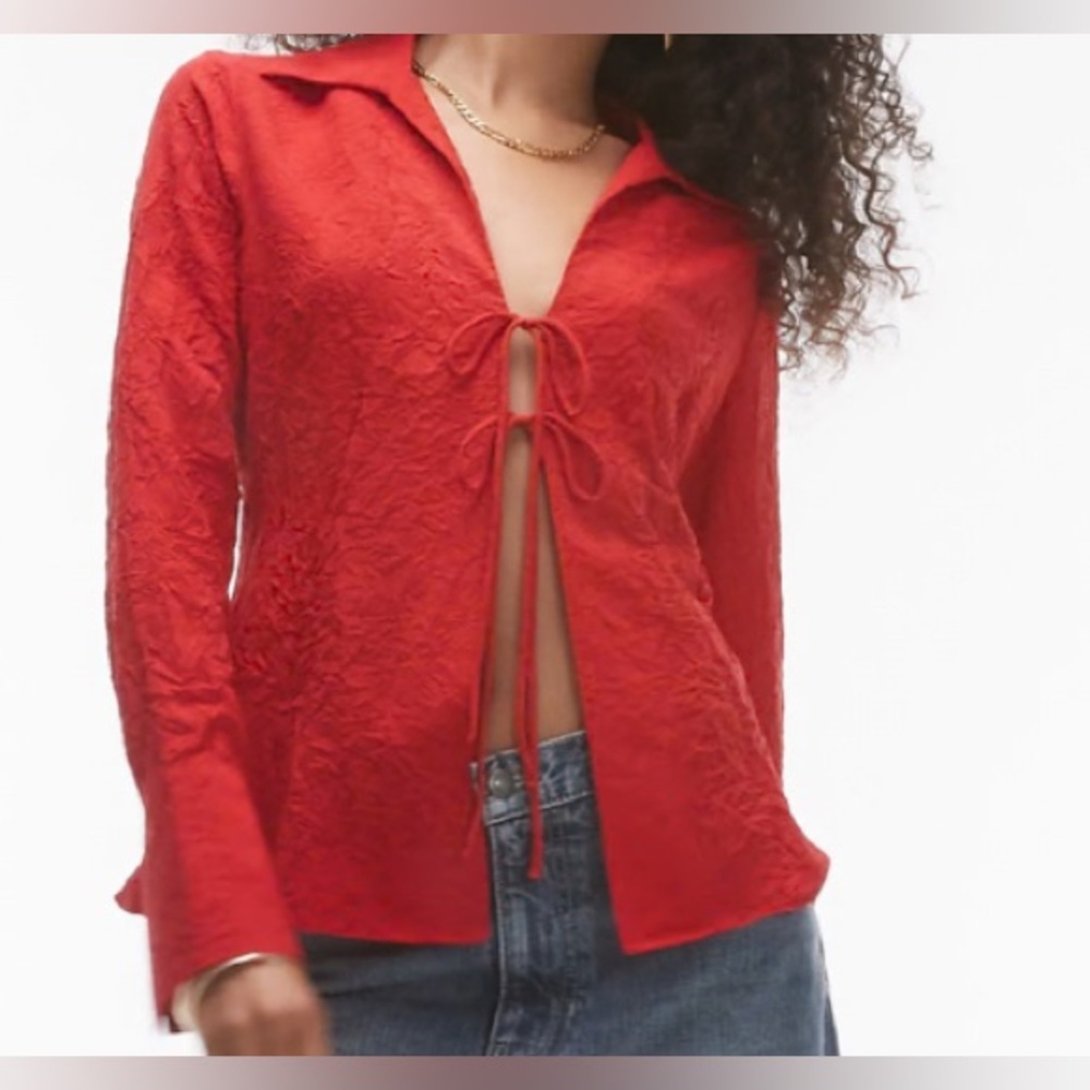 NEW - TopShop - Elegant Red Tie-Front Crinkle Blouse